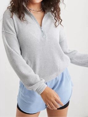 Aerie Cozy Waffle Knit Light Gray Quarter-Zip Pullover